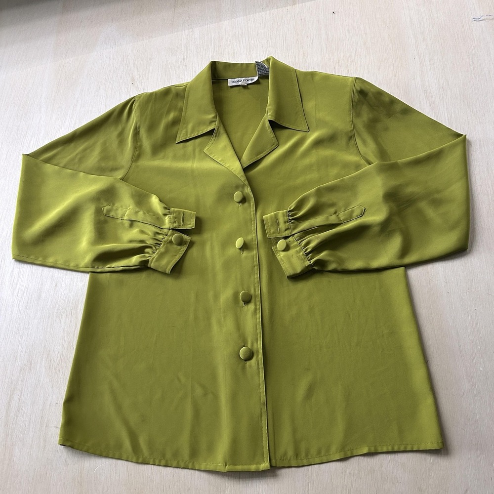 Vintage Regina Porter Blouse Womens 10 Green Polyester Button Long Sleeve Top